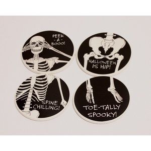 HALLOWEEN Coasters 4 BLUE HARBOR SKELETON SKULL BONES CERAMIC BLACK ROUND